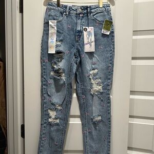 Light Blue Distressed Jeans with Pink Embroidery